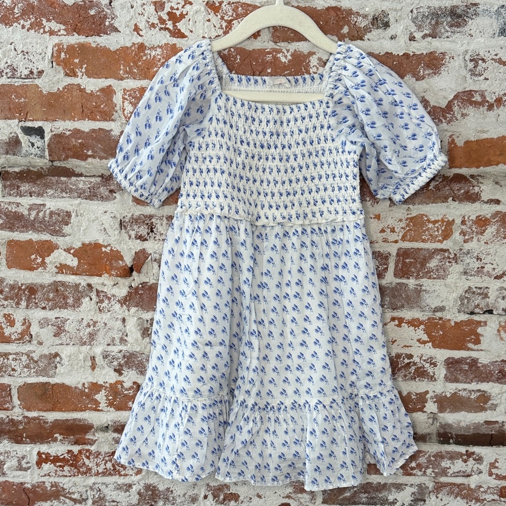 Crewcuts Smocked Spring/Summer Dress White and Blue Flower 4